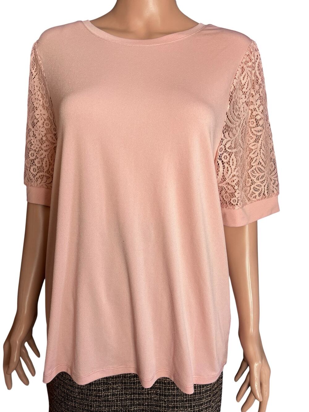 Cable & Gauge Pink Blouse With Lace Sleeves 1X Boat Neck Workwear Quiet Luxury